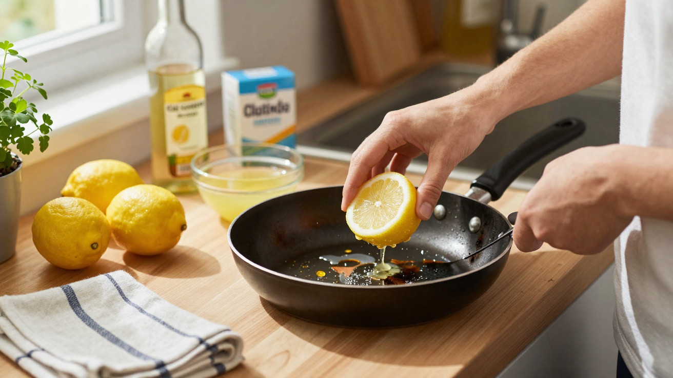 Pessoa a espremer meio limão numa frigideira com ingredientes à volta numa bancada de cozinha.