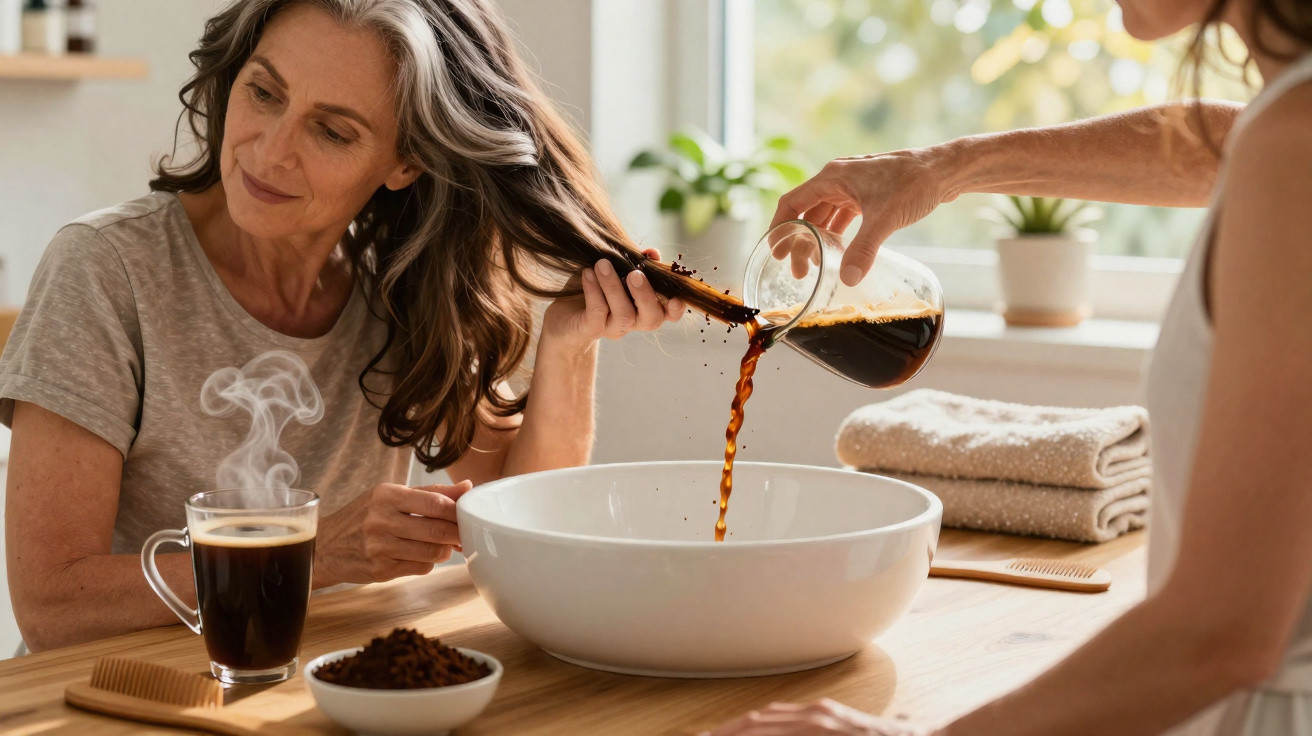 Mulher a lavar o cabelo com café numa casa de banho luminosa, com chávena de café quente na mesa.