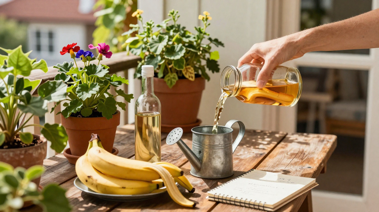 Mão a verter líquido dourado em regador metálico numa mesa com plantas, bananas, garrafa e caderno.
