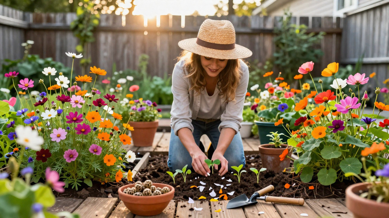 Mulher a plantar mudas numa horta em jardim com flores coloridas ao pôr do sol.