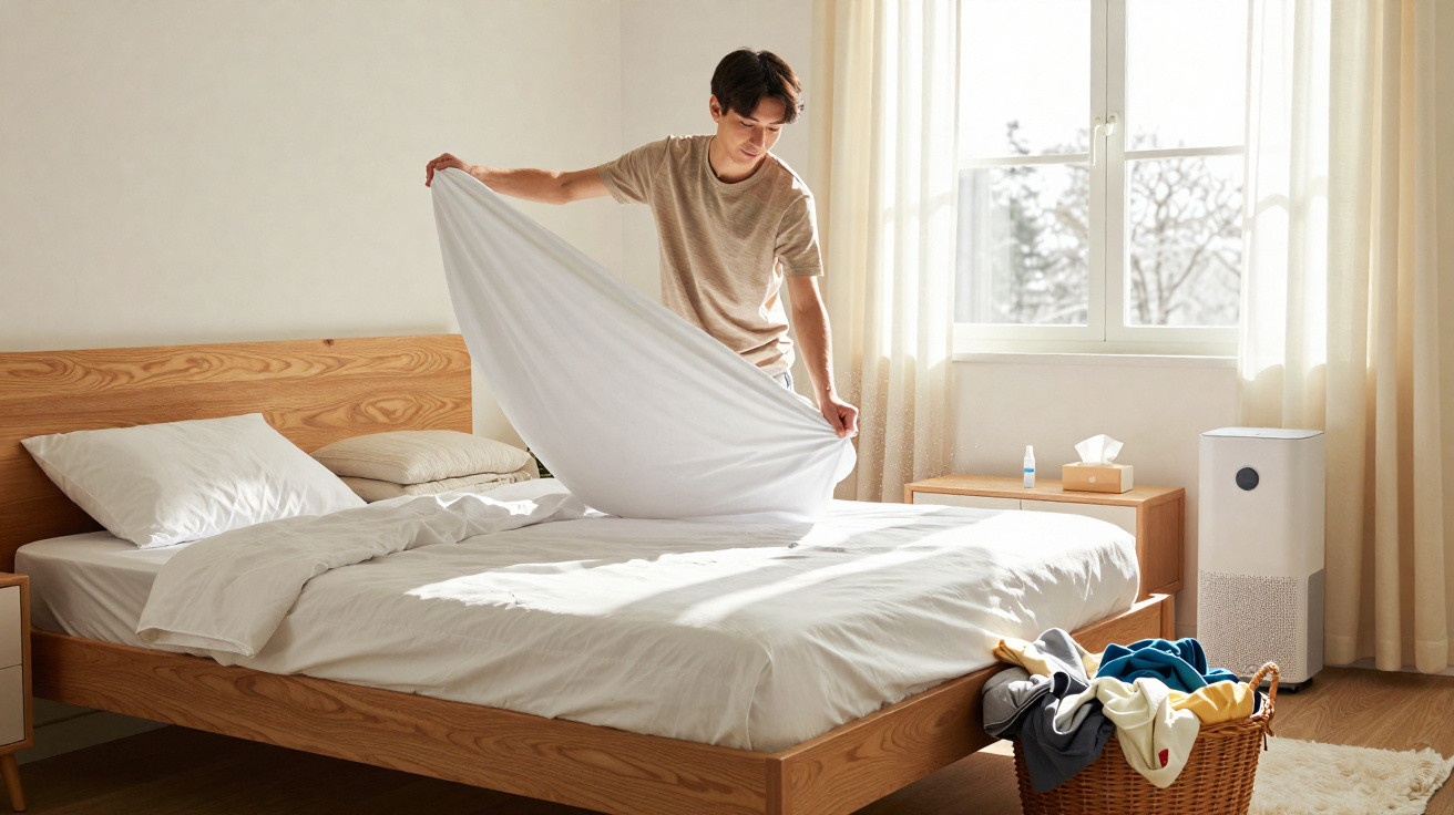 Pessoa a fazer a cama num quarto luminoso com janelas e cesta de roupa ao lado da cama.