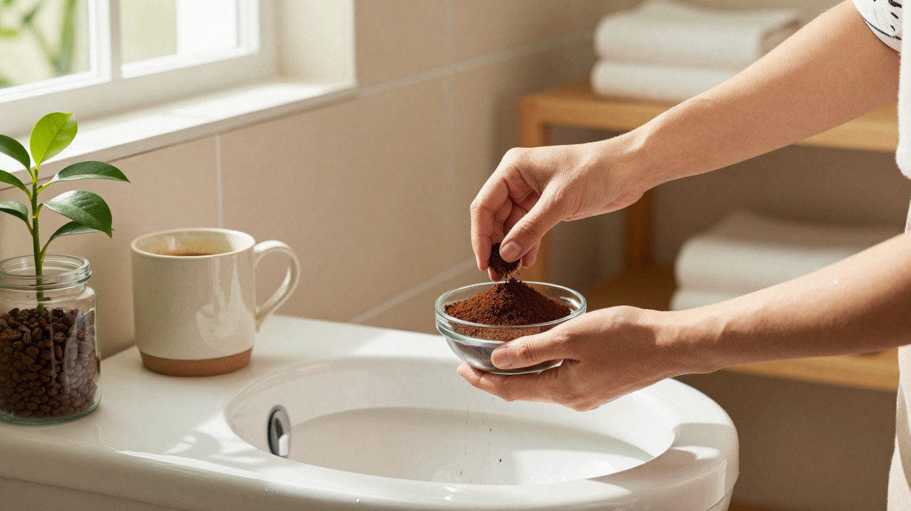 Mãos a despejar café moído num lavatório branco numa casa de banho com janela e caneca de café.