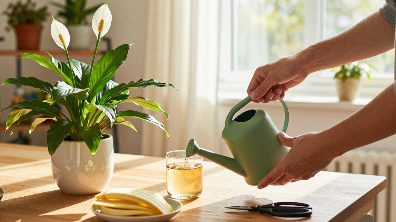 Mãos a regar planta com flores brancas numa sala luminosa com mesa de madeira e objetos diversos.