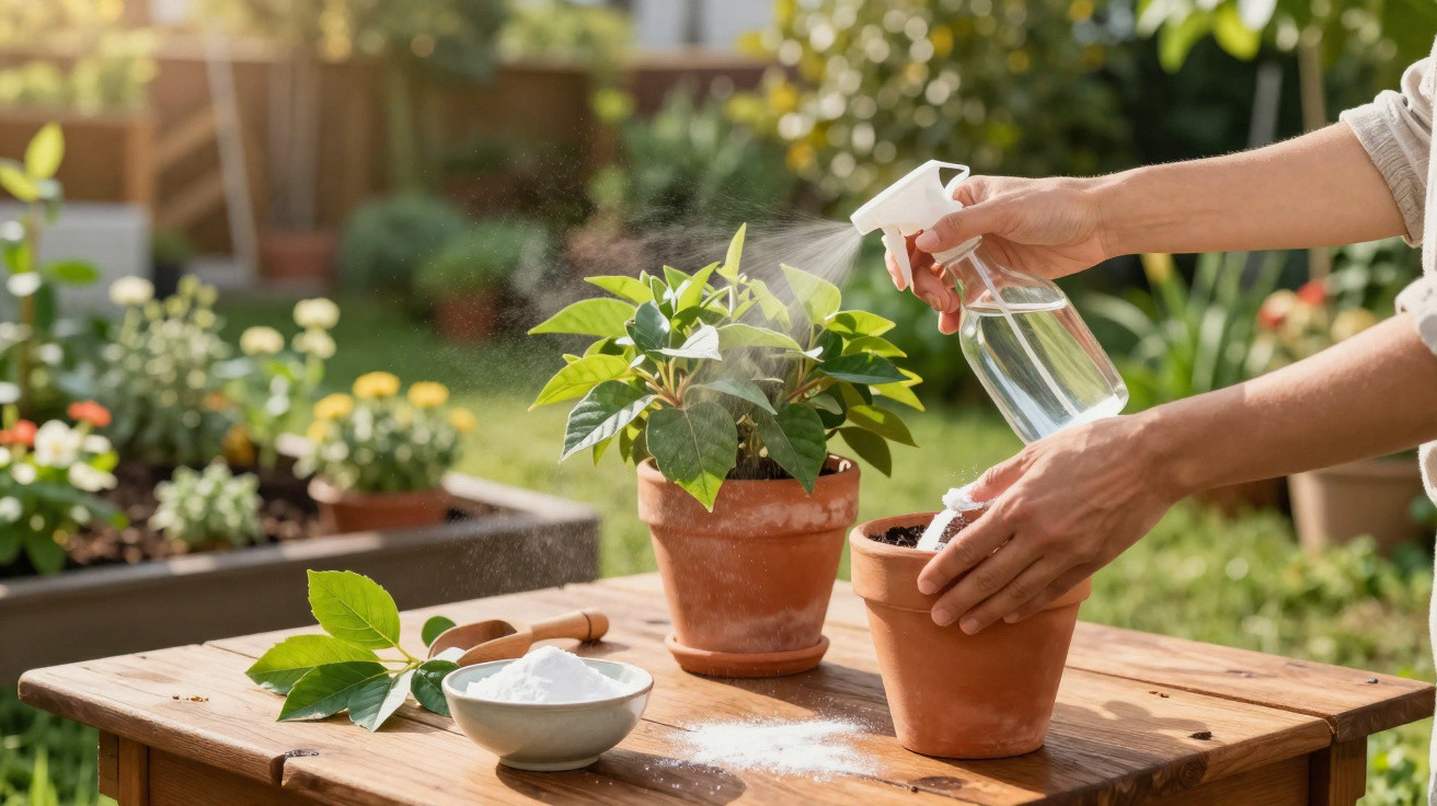Pessoa a pulverizar água num vaso de barro e a cuidar de plantas num jardim ao ar livre.