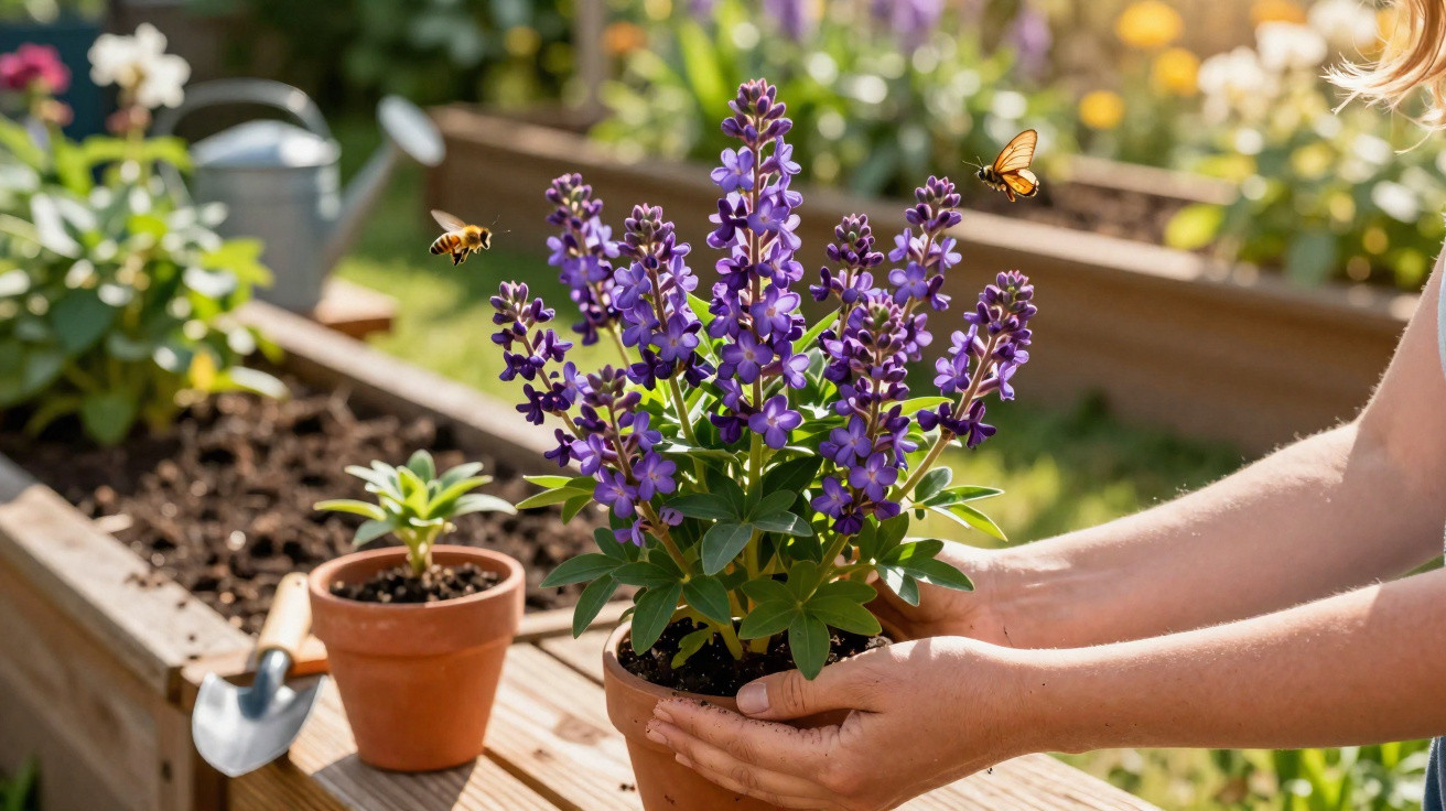 Pessoa a segurar vaso com flores roxas, abelha e borboleta voando num jardim soalheiro.