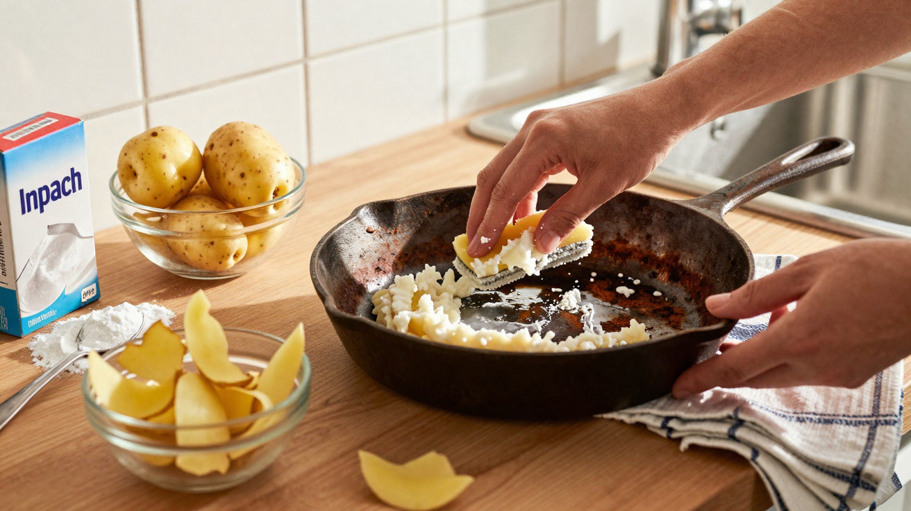 Mãos a cozinhar puré de batata numa frigideira de ferro, com batatas e amido sobre a bancada de cozinha.