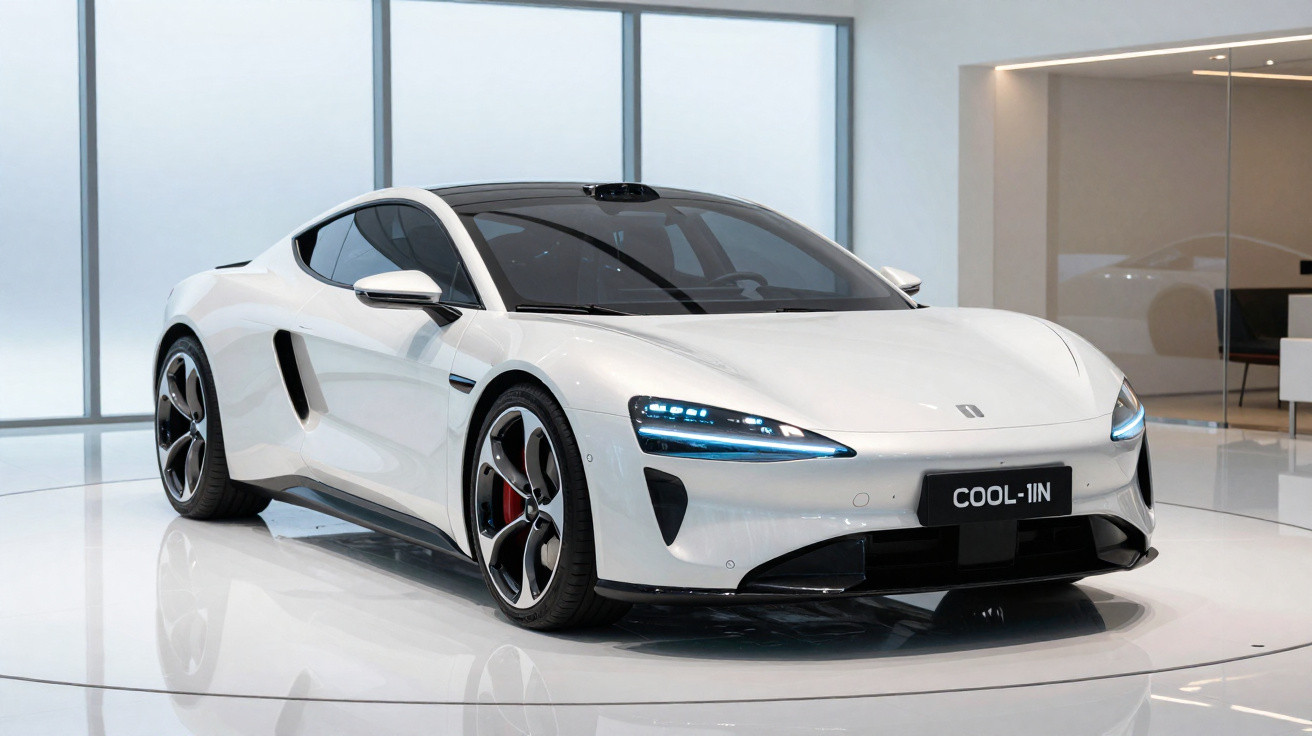 Carro desportivo elétrico branco com faróis azuis numa exposição moderna e minimalista.