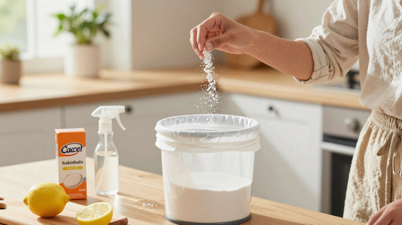 Pessoa a adicionar sal a um recipiente branco na cozinha com limões e spray na bancada.