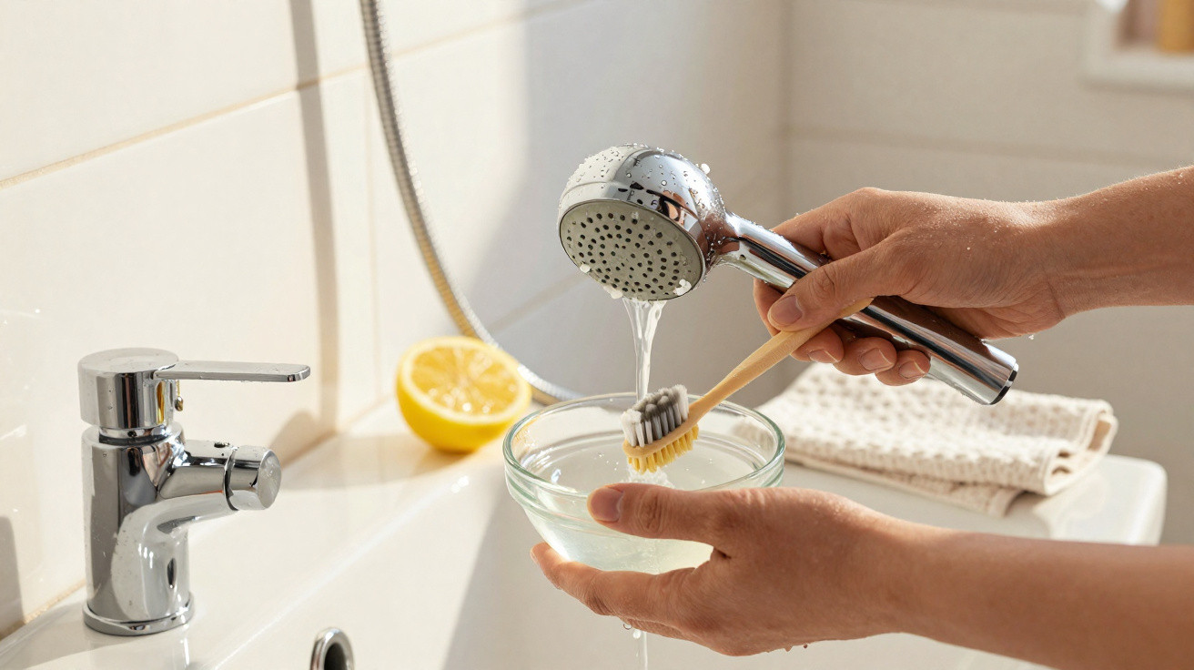 Mãos a limpar escova de dentes com água da torneira e meio limão num lavatório de casa de banho.