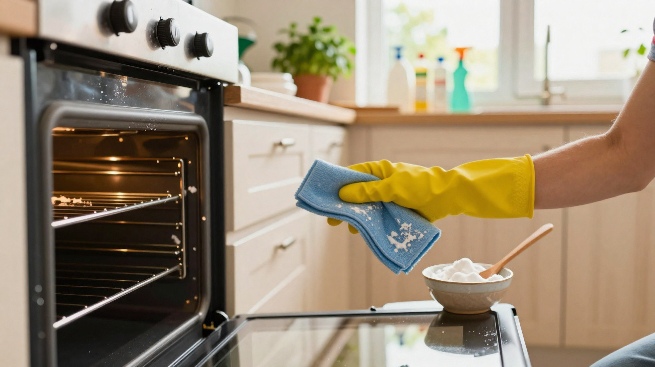 Pessoa com luvas amarelas a limpar forno aberto com um pano azul e bicarbonato numa cozinha iluminada.