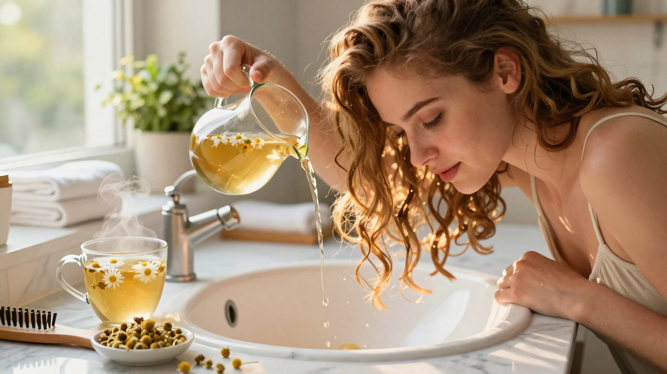 Mulher a deitar infusão de camomila numa pia branca numa cozinha iluminada natural.