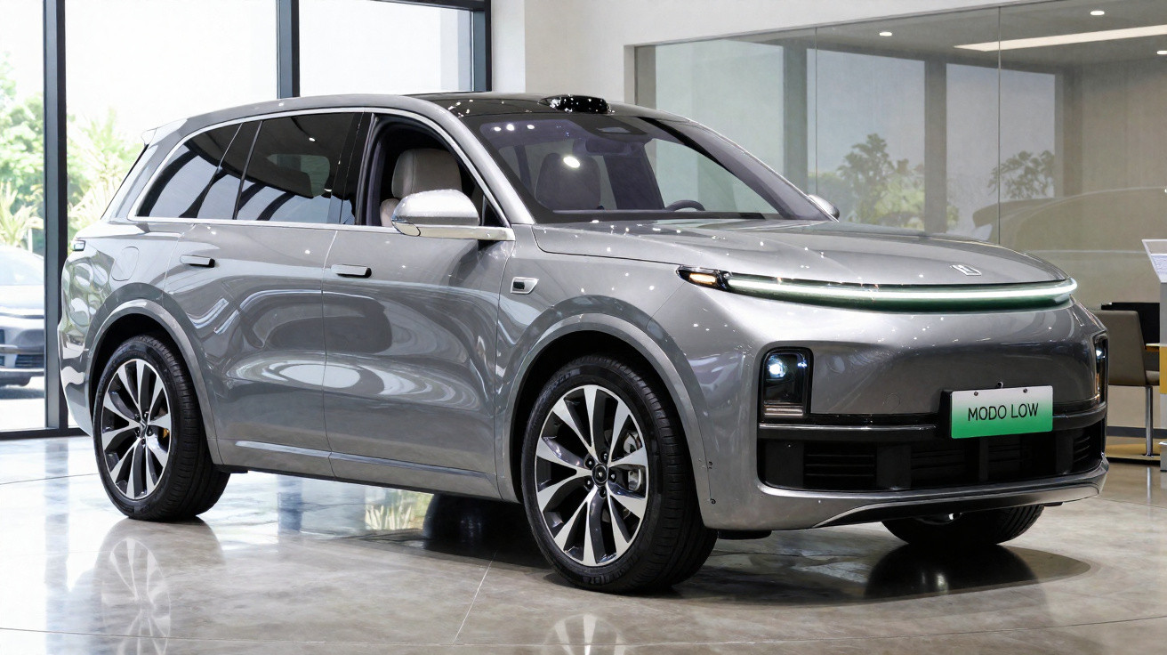 Carro elétrico SUV cinzento exposto num showroom moderno com jantes prateadas e luzes dianteiras finas.