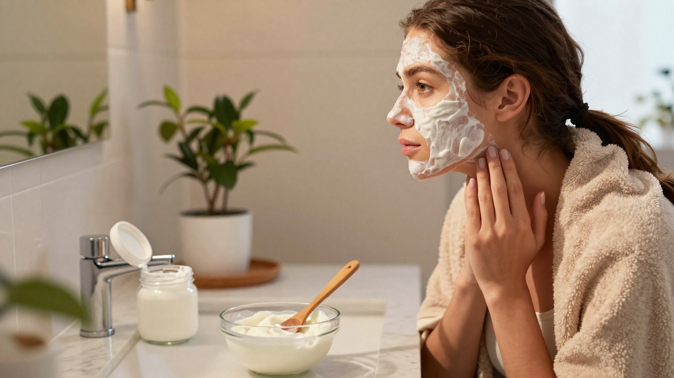 Mulher com máscara facial branca num rosto de perfil, no banheiro, aplicando creme com a mão.