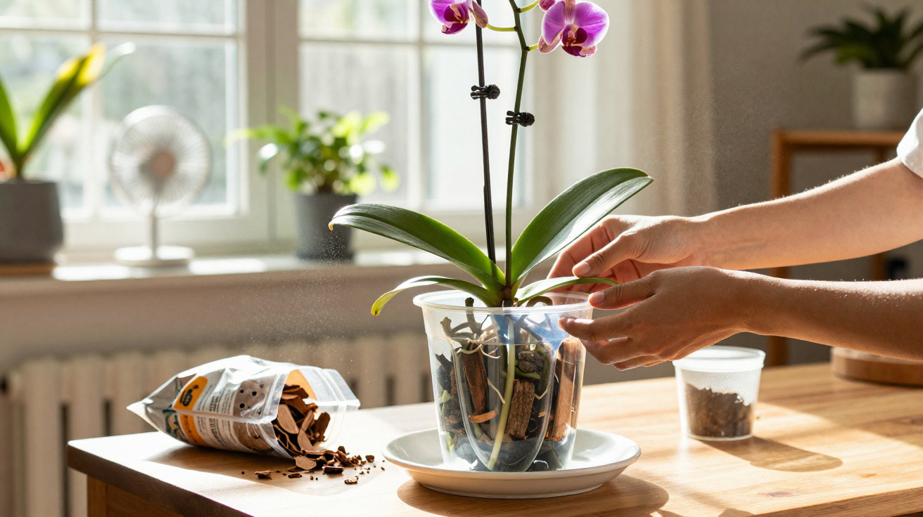 Pessoa a cuidar de uma orquídea num vaso transparente num ambiente ensolarado e organizado.