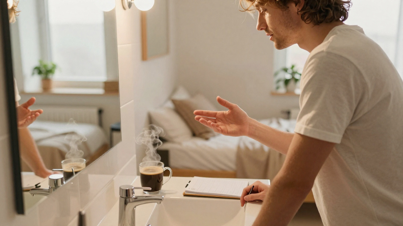 Homem de cabelo encaracolado em pé junto a uma pia com um café quente e caderno num quarto bem iluminado.