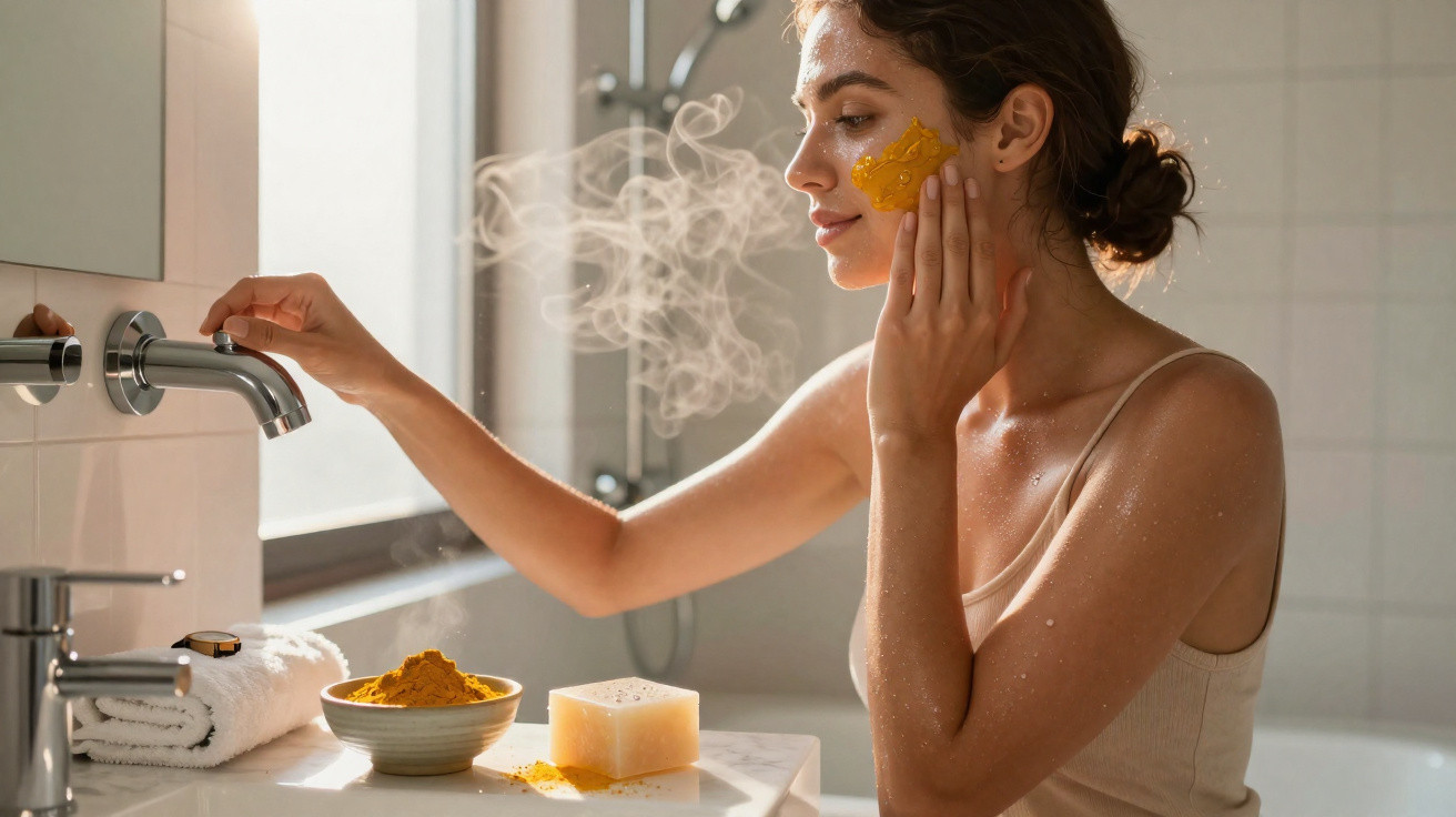 Mulher aplica máscara facial cor amarela na pele no banheiro com vapor e luz natural.
