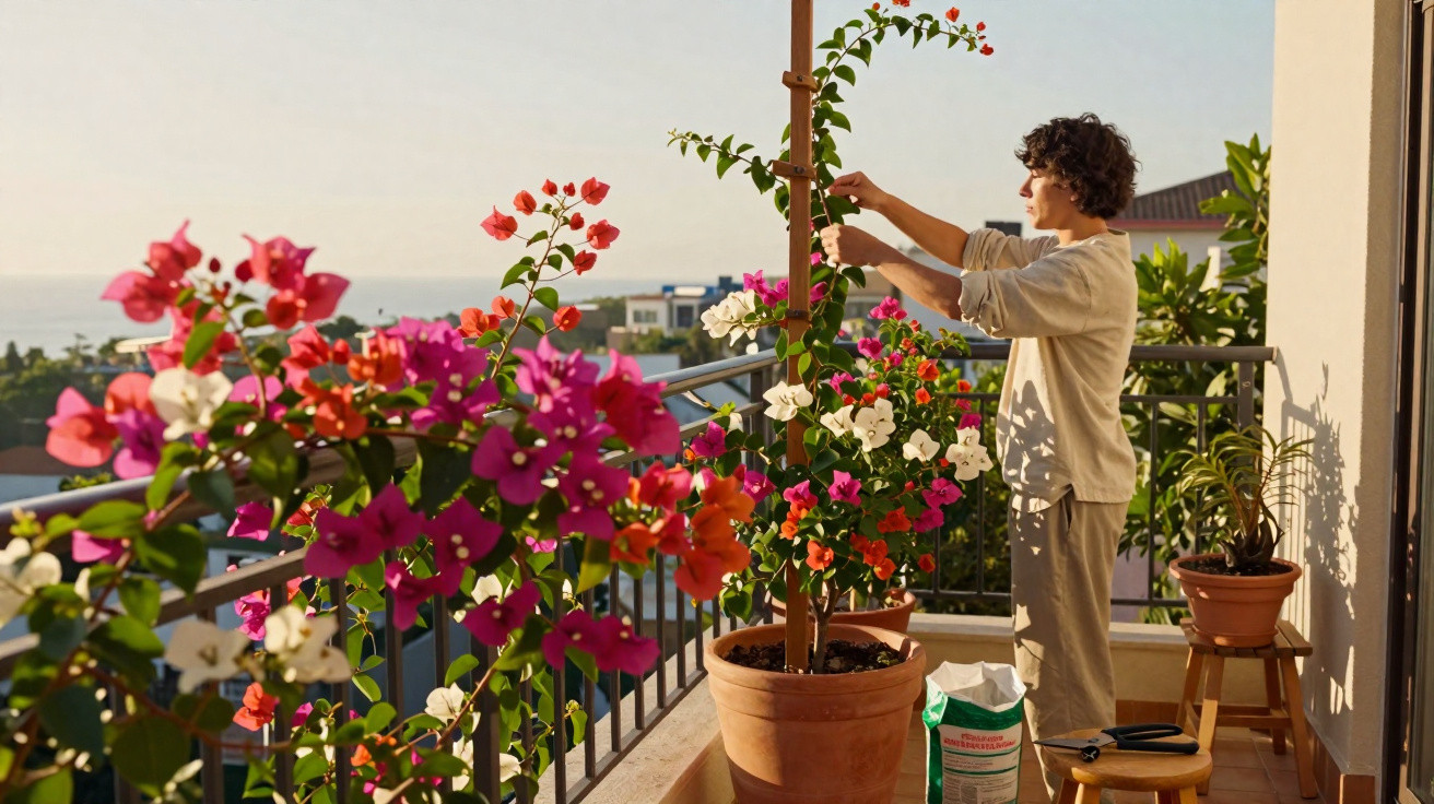 Pessoa a cuidar de plantas e flores coloridas num terraço com vista para o mar ao pôr do sol.