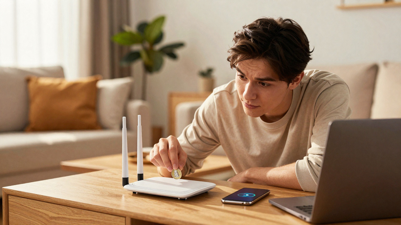Homem jovem insere moeda em router Wi-Fi numa mesa com portátil e smartphone, numa sala de estar moderna.