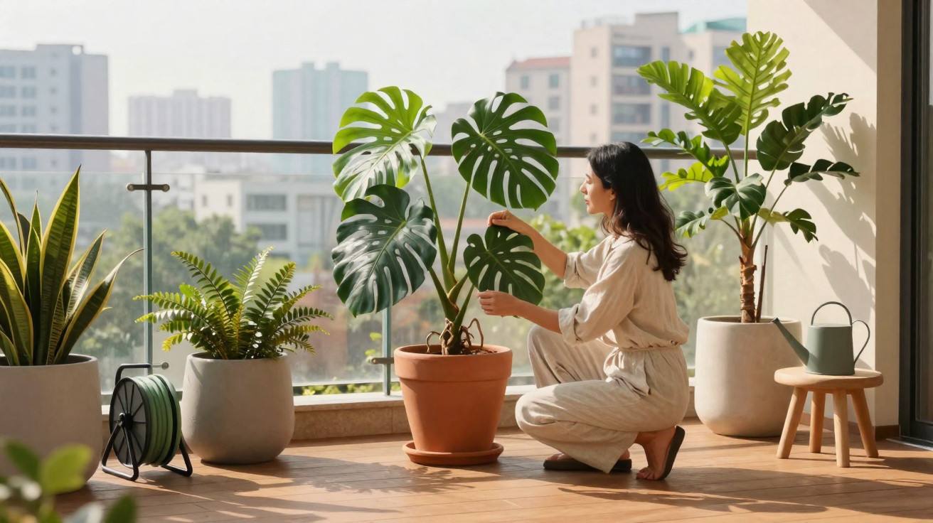 Mulher a cuidar de plantas em vasos num terraço iluminado com vista para edifícios urbanos.