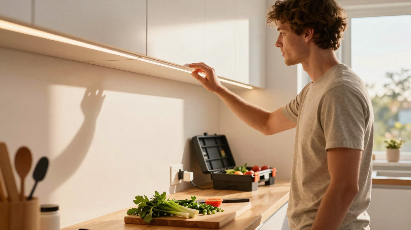 Homem a abrir armário na cozinha com legumes frescos e caixa de ferramentas no balcão.