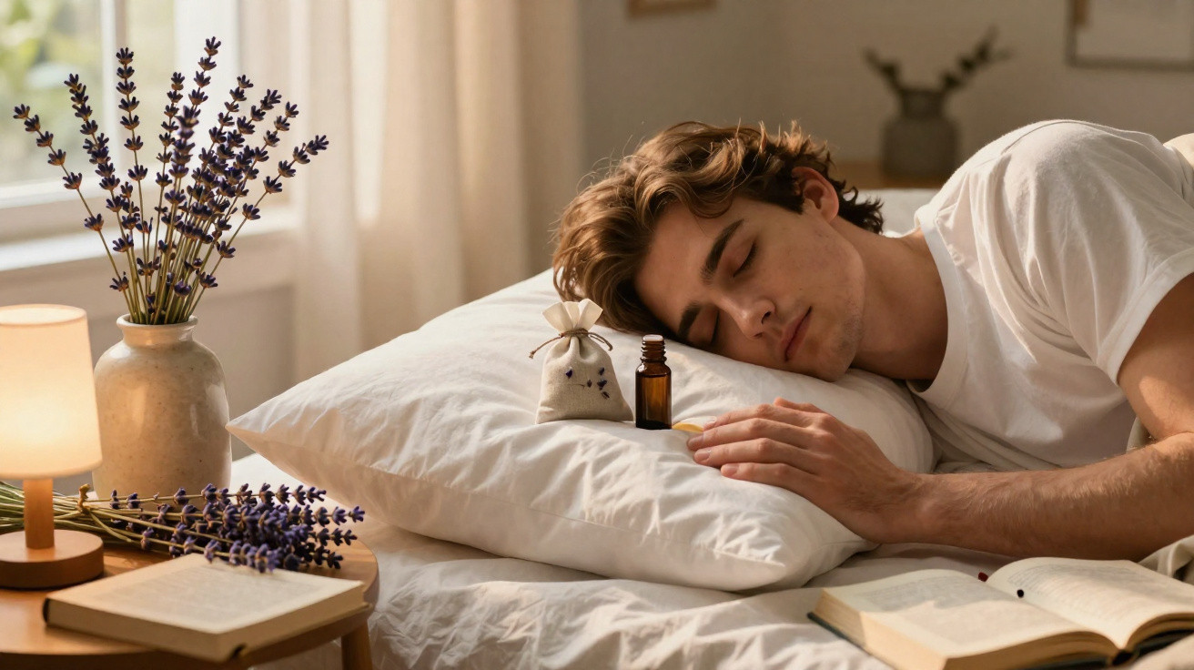 Jovem adormecido na cama com almofada, óleo essencial e flores de lavanda ao lado.