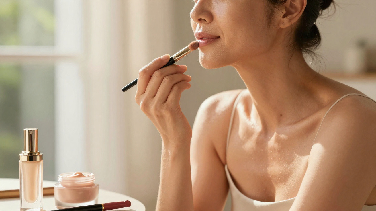 Mulher a aplicar maquilhagem nos lábios com pincel, com frascos de cosméticos numa mesa.