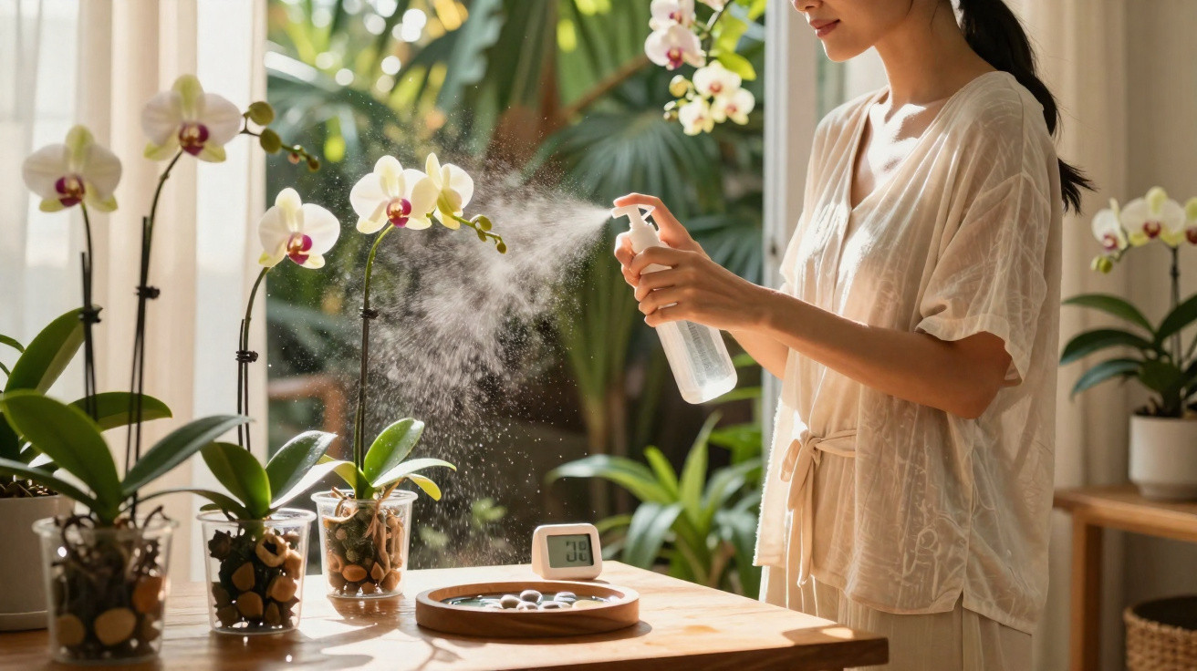 Mulher a regar flores orquídeas brancas com pulverizador num ambiente luminoso e com plantas.