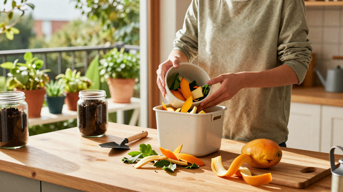 Pessoa a colocar restos de fruta em recipiente de compostagem numa cozinha iluminada por luz natural.