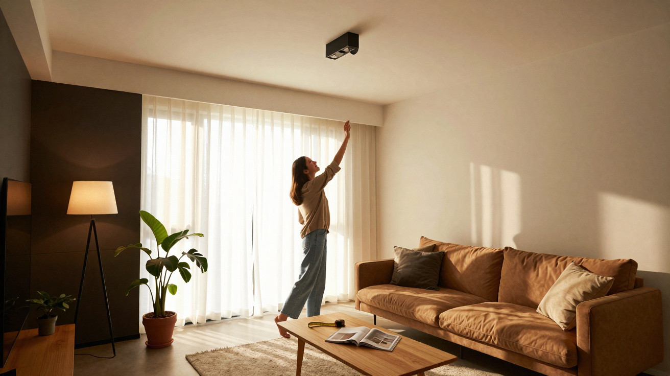 Mulher a esticar o braço numa sala com sofá castanho, mesa de madeira, plantas e luz natural suave.