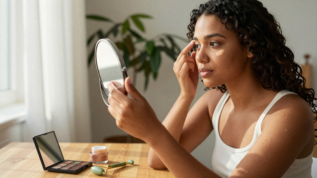 Mulher aplica base no rosto enquanto se olha num espelho de mão junto a produtos de maquilhagem.