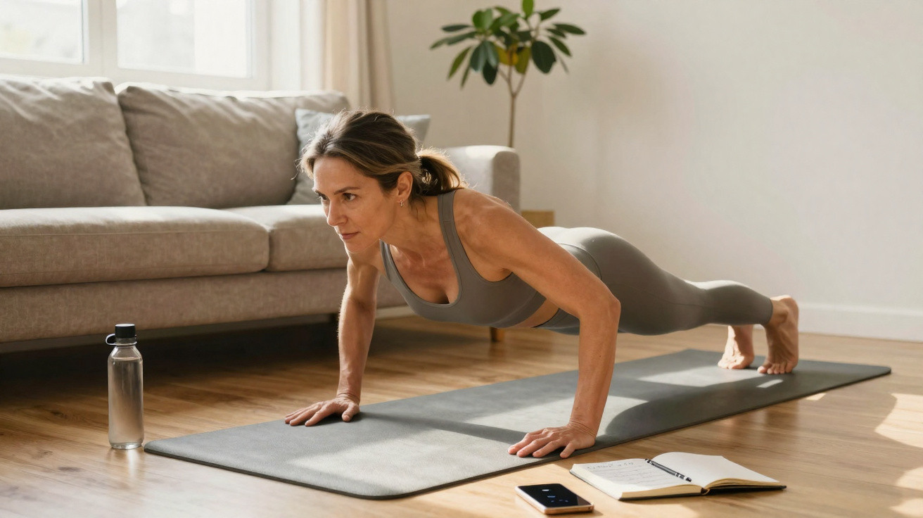 Mulher a fazer flexões numa sala de estar com tapete de exercício, garrafa de água, telemóvel e caderno.