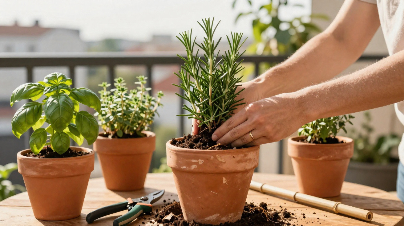 Mãos a plantar ervas aromáticas em vasos de barro num terraço com luz natural.