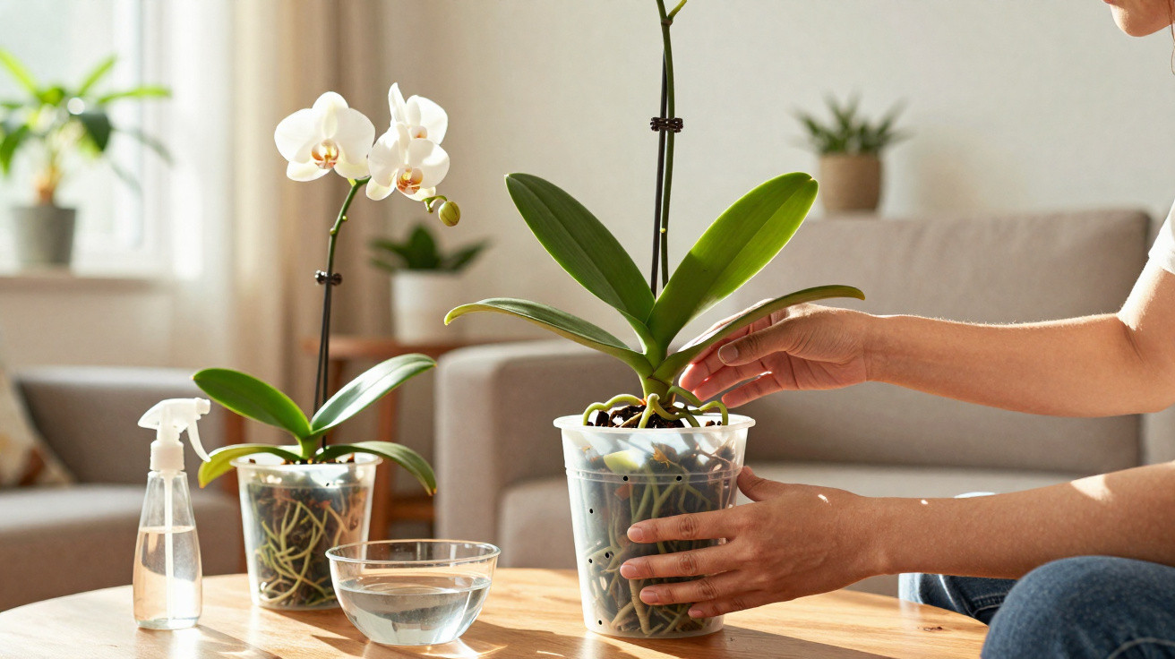 Pessoa a cuidar de orquídeas brancas em vasos transparentes numa sala iluminada natural.