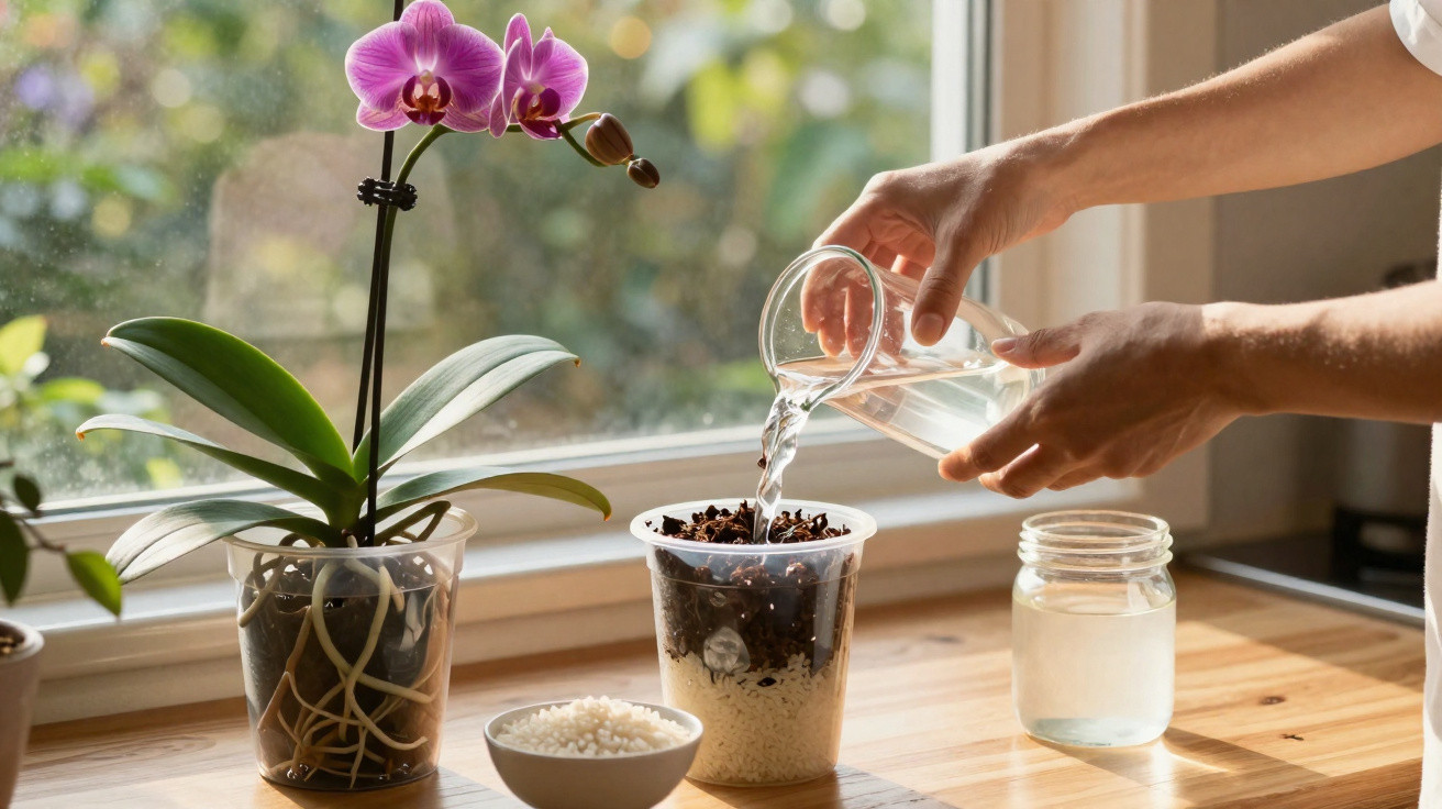 Pessoa a regar planta em vaso transparente perto de orquídea rosa junto à janela iluminada.