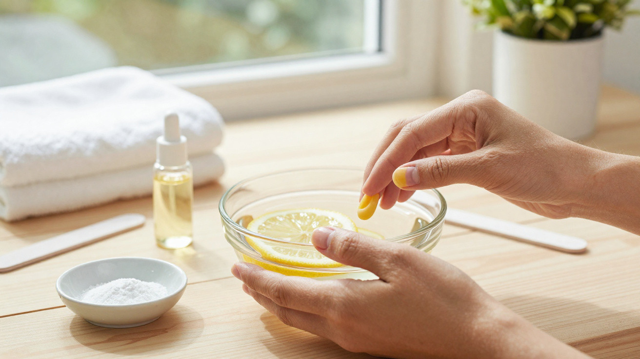 Mãos seguram tigela com fatia de limão em mesa com toalhas, óleo e utensílios de manicure.