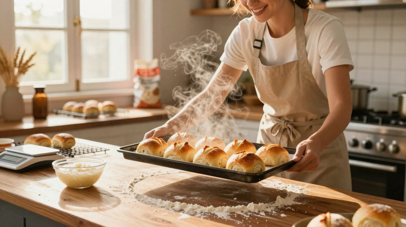 Mulher sorridente a retirar pão quente fumegante do forno numa cozinha iluminada.