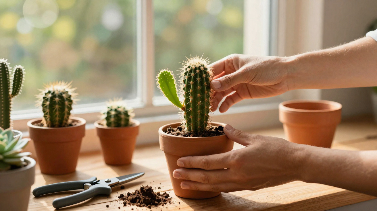 Mãos a cuidar de cacto em vaso de barro numa mesa junto à janela com outras plantas e terra.