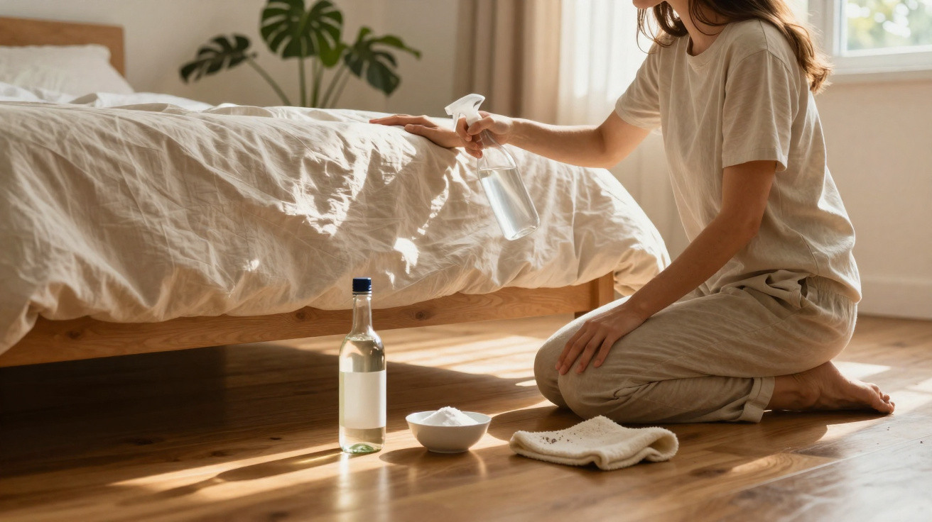 Pessoa ajoelhada a limpar o chão de madeira ao lado de cama com spray, frasco de vidro e tigela branca.
