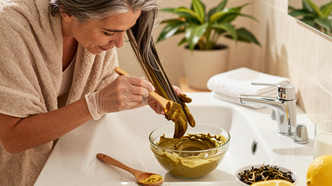 Mulher aplica máscara capilar dourada no cabelo num lavatório de casa de banho, com plantas e produtos ao lado.