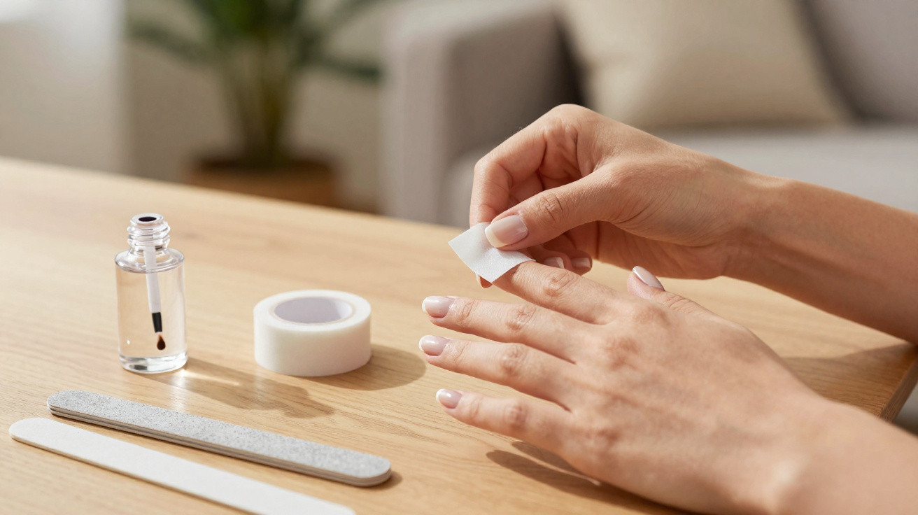 Mãos femininas a aplicar produto para unhas com fita adesiva, lixa e base transparente numa mesa de madeira.