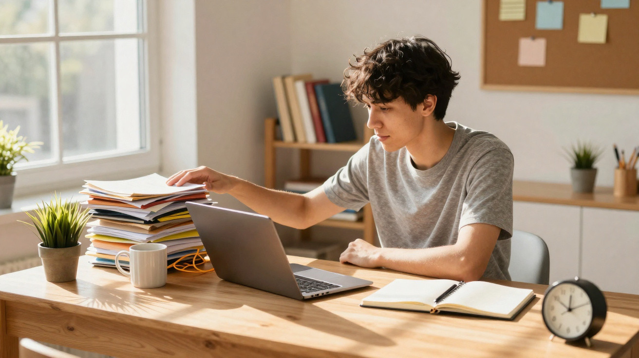 Jovem a trabalhar num ambiente organizado, com computador, pilha de documentos, caderno e relógio numa mesa de madeira.