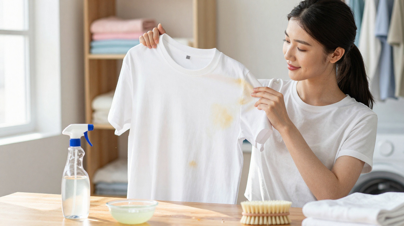 Mulher a mostrar uma t-shirt branca com manchas amarelas, com produtos de limpeza à sua frente.