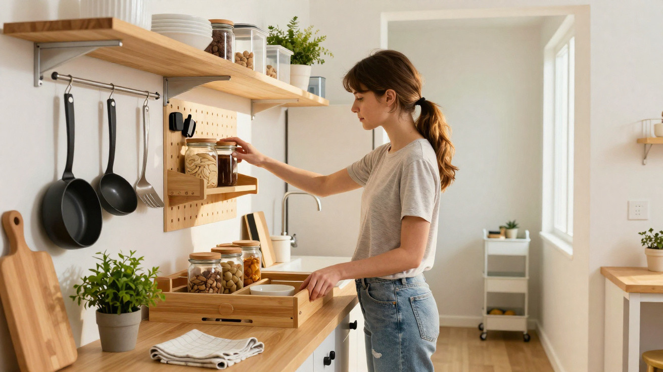 Mulher jovem a organizar frascos de mantimentos numa cozinha moderna e bem iluminada.