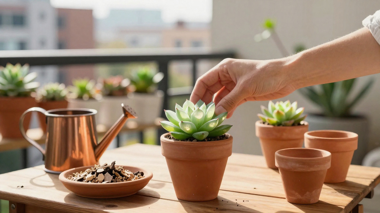 Mão a cuidar de suculenta em vaso de terracota sobre mesa de madeira com regador e terra perto.