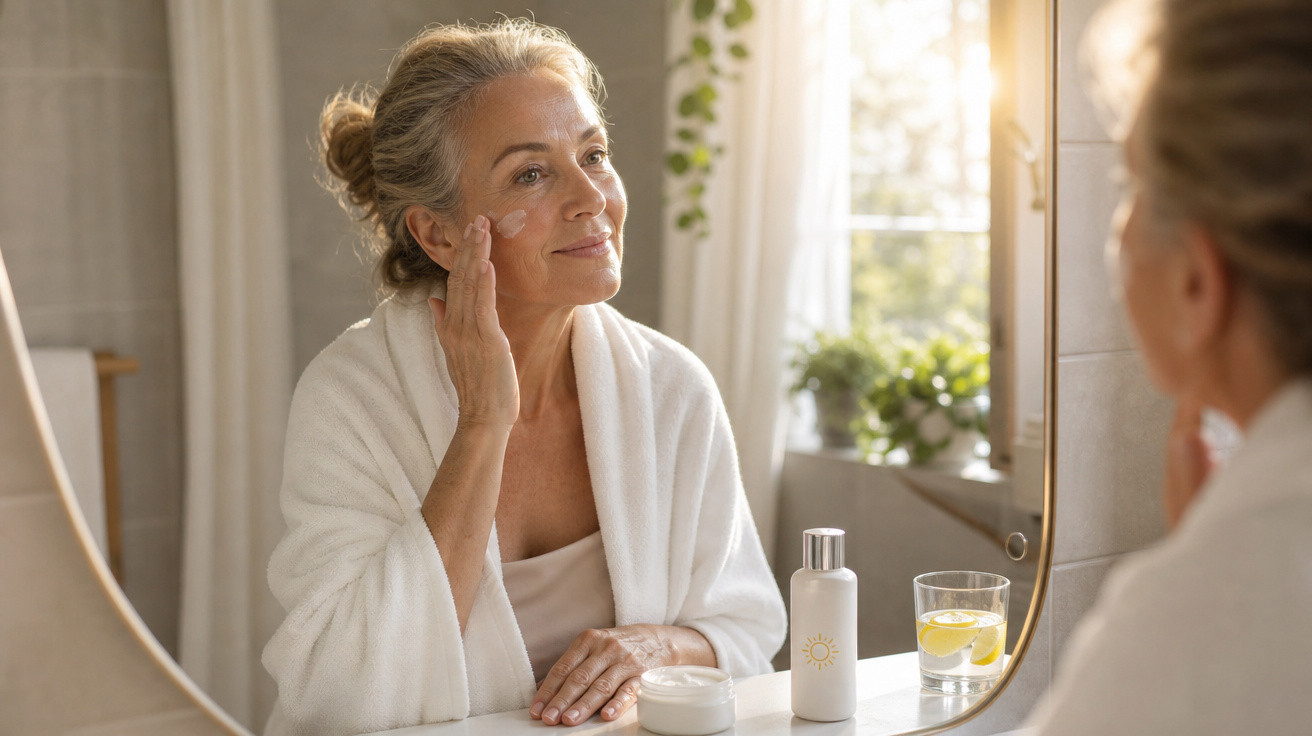 Mulher madura com robe branco a aplicar creme facial, refletida num espelho de casa de banho iluminada.