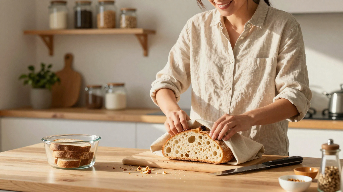 Pessoa a embrulhar pão fatiado numa cozinha com bancada de madeira e utensílios ao fundo.