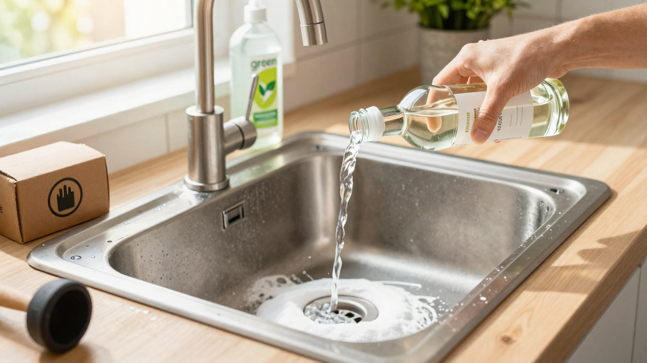 Pessoa a verter líquido de uma garrafa para uma pia de cozinha em inox com detergente ao fundo.