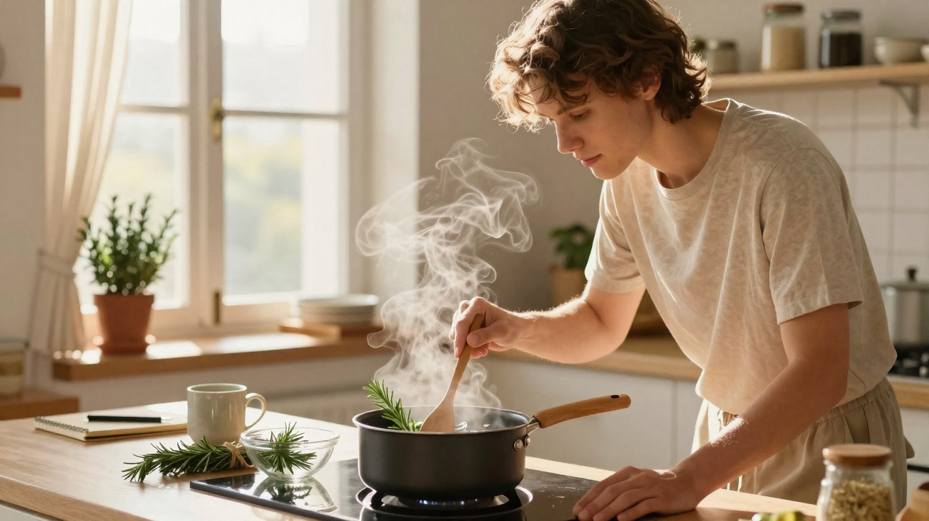 Jovem a cozinhar na cozinha, mexendo uma panela fumegante com raminhos de alecrim.