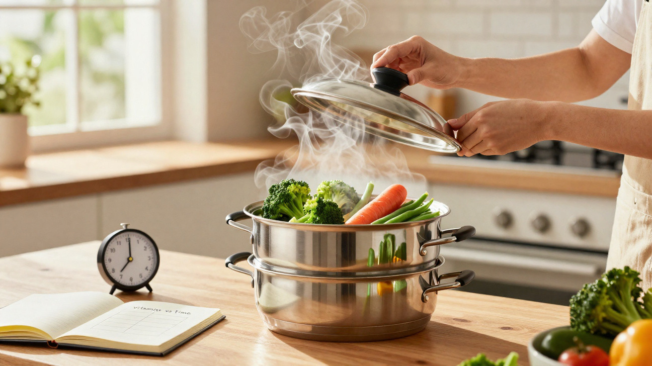 Pessoa a levantar tampa de panela a vapor com legumes frescos na cozinha luminosa.