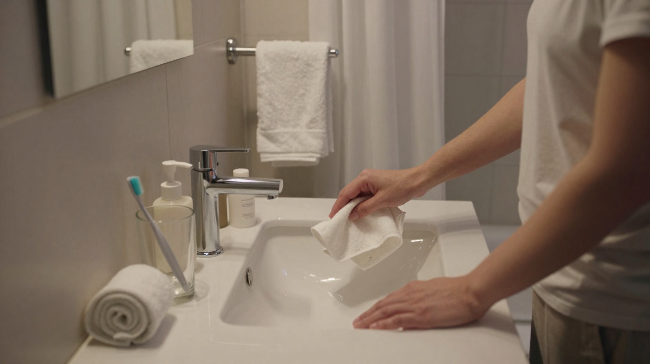 Pessoa a limpar a pia branca da casa de banho com um pano, ao lado de escova de dentes e toalhas brancas.